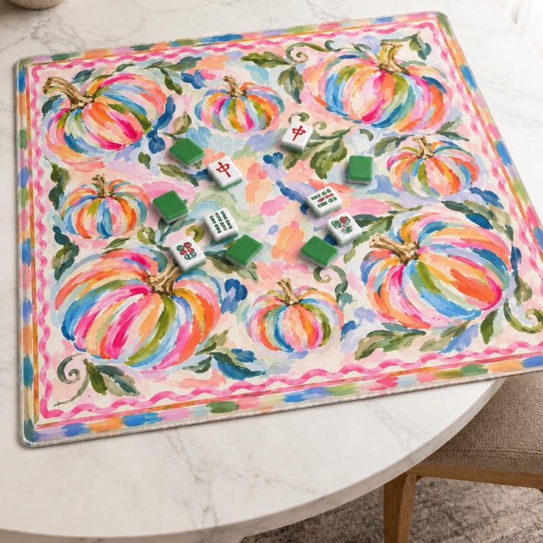 Hippie Halloween Mahjong Mat, Colorful Pumpkins Mahjong Mat, Halloween Mahjong Mat