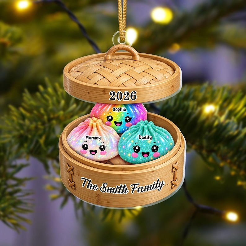 Personalized Glitter Dumpling Ornament, Custom Name Family Keepsake, Cute Kawaii Food Ornament