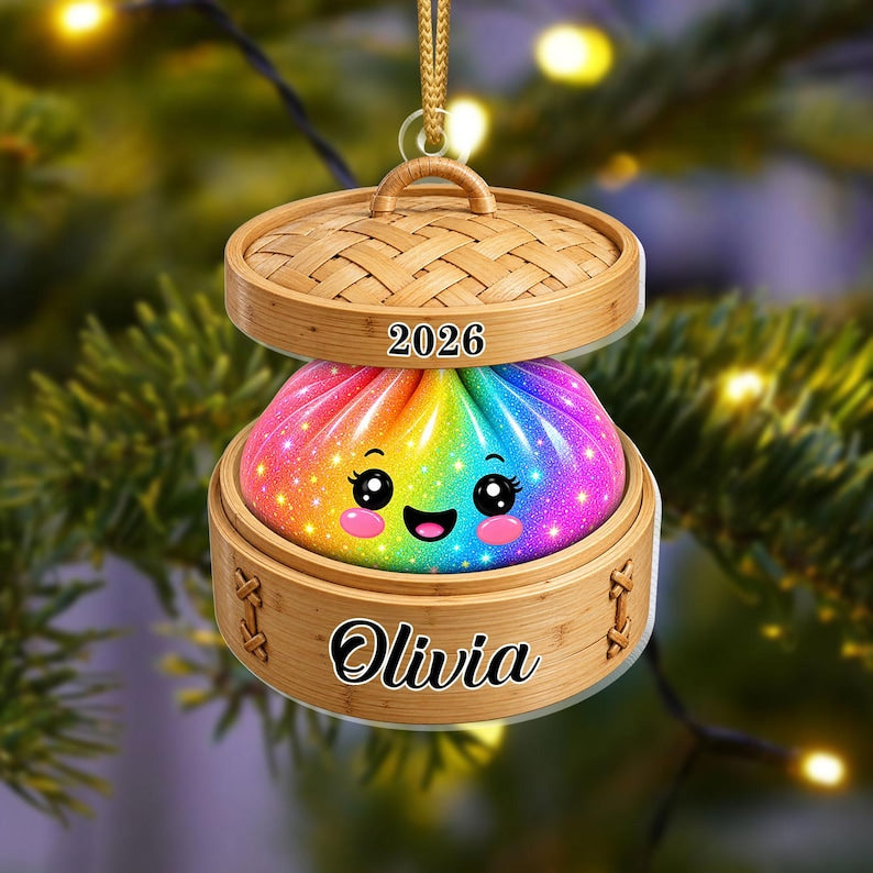 Personalized Glitter Dumpling Ornament, Custom Name Family Keepsake, Cute Kawaii Food Ornament