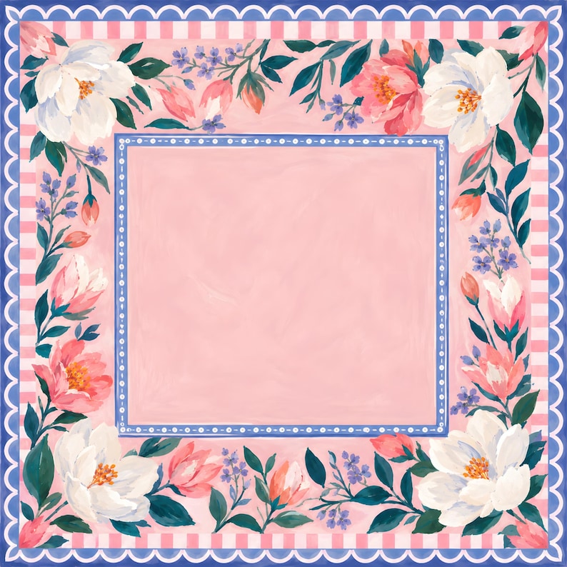 Pink Camellia Mahjong Mat, American Mahjong Mat, Blue Scalloped Floral Garden, Grandmillennial Mahjong Gift