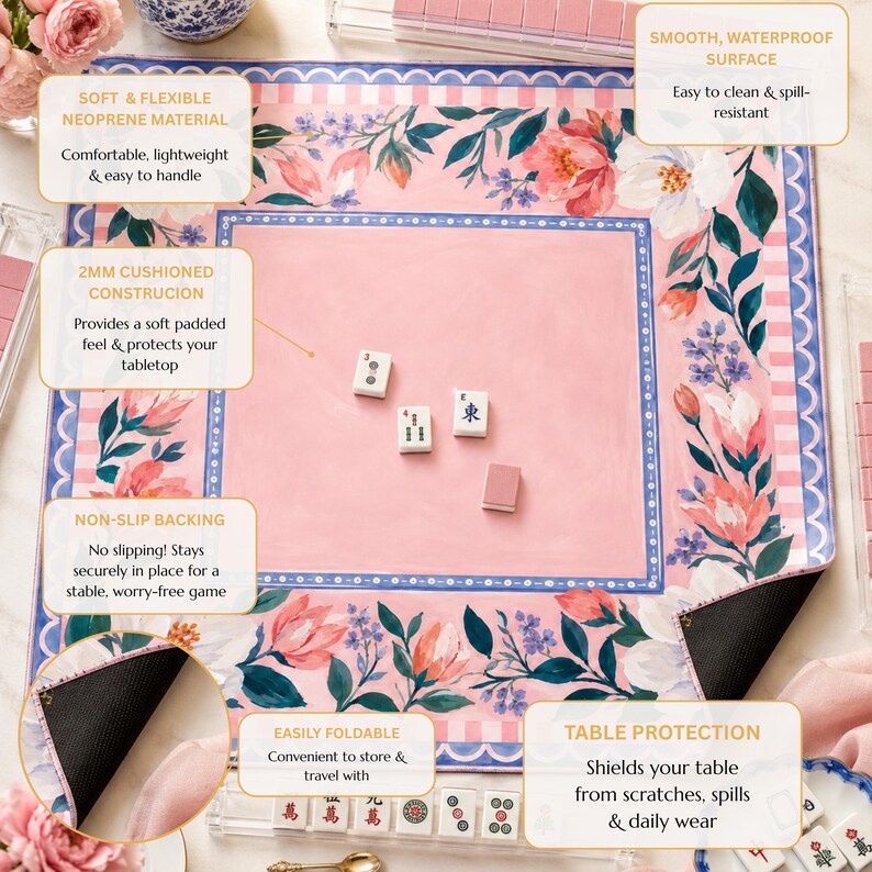 Pink Camellia Mahjong Mat, American Mahjong Mat, Blue Scalloped Floral Garden, Grandmillennial Mahjong Gift