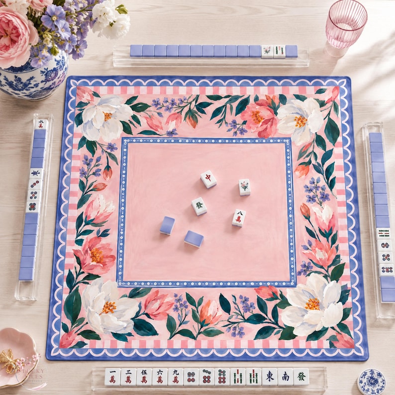 Pink Camellia Mahjong Mat, American Mahjong Mat, Blue Scalloped Floral Garden, Grandmillennial Mahjong Gift
