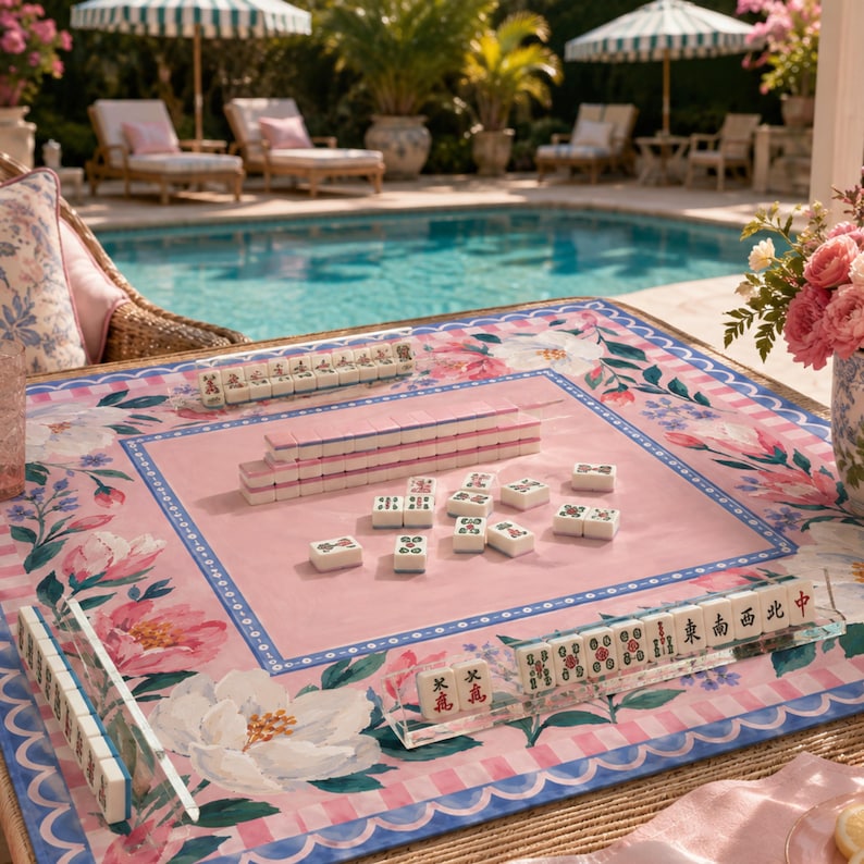 Pink Camellia Mahjong Mat, American Mahjong Mat, Blue Scalloped Floral Garden, Grandmillennial Mahjong Gift