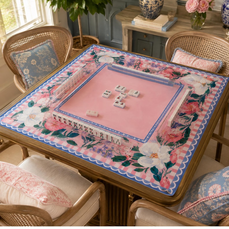 Pink Camellia Mahjong Mat, American Mahjong Mat, Blue Scalloped Floral Garden, Grandmillennial Mahjong Gift
