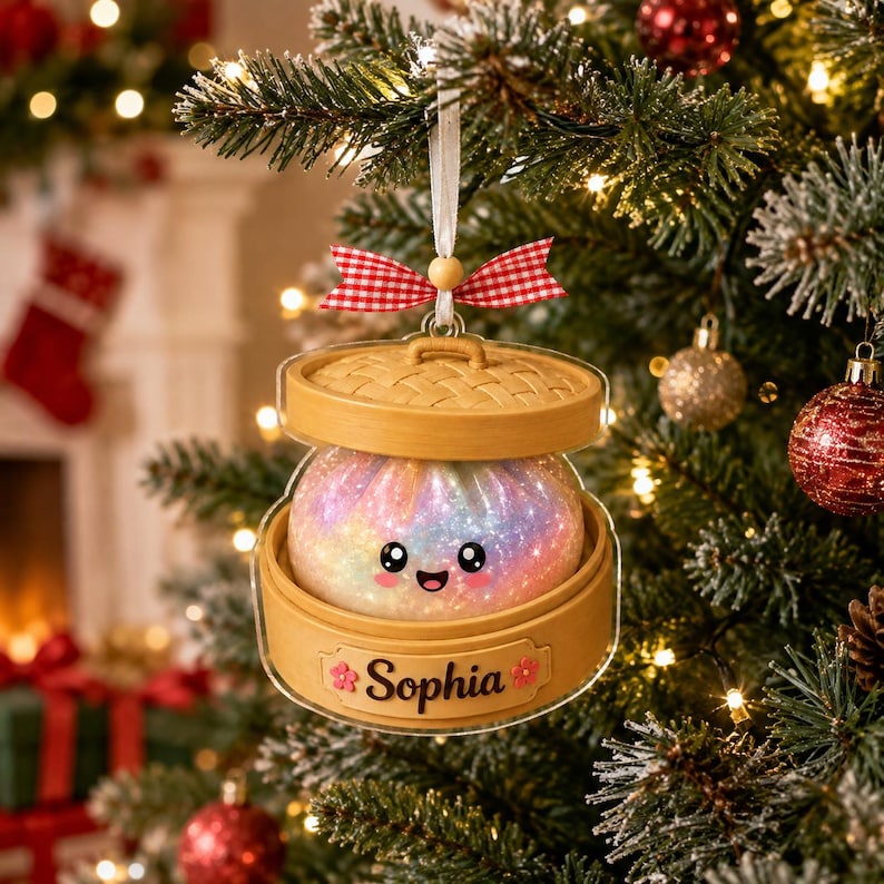 Personalized Glitter Squishy Dumpling Ornament, Custom Name Acrylic Steamer, Kids Foodie Xmas Gift