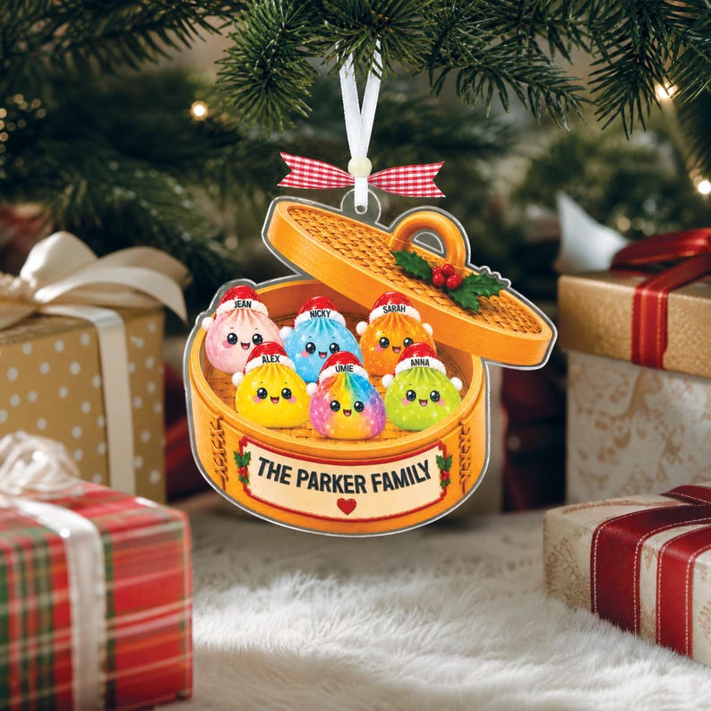 Personalized Glitter Dumpling Ornament, Dim Sum Acrylic Family Ornament, Dumpling Holiday Ornament