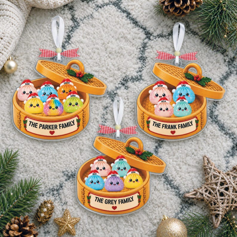 Personalized Glitter Dumpling Ornament, Dim Sum Acrylic Family Ornament, Dumpling Holiday Ornament