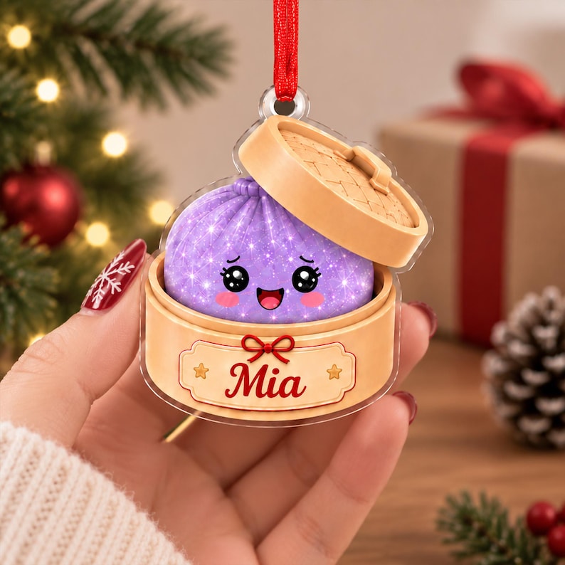 Personalized Squishy Dumpling Christmas Ornament, Faux Glitter Keepsake, Dumpling Lover Gift, Kids Christmas Gift