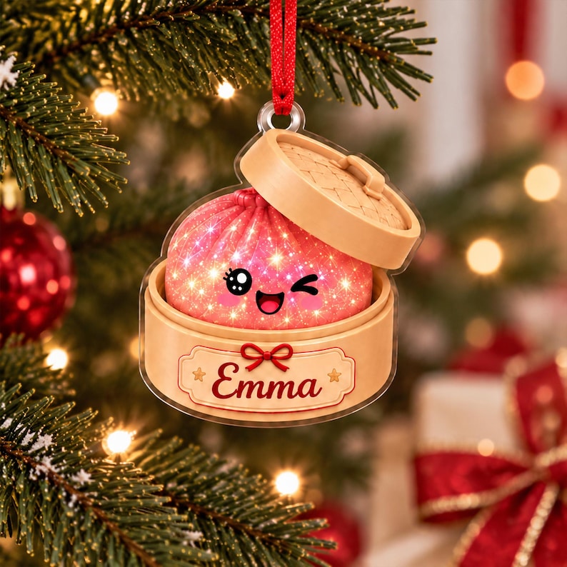 Personalized Squishy Dumpling Christmas Ornament, Faux Glitter Keepsake, Dumpling Lover Gift, Kids Christmas Gift