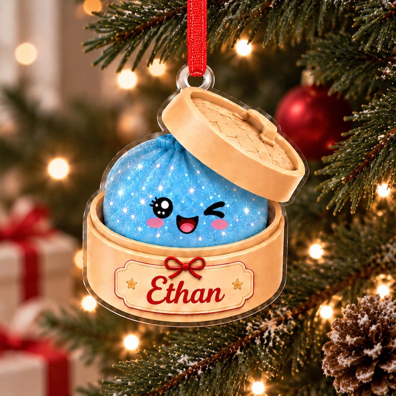 Personalized Squishy Dumpling Christmas Ornament, Faux Glitter Keepsake, Dumpling Lover Gift, Kids Christmas Gift