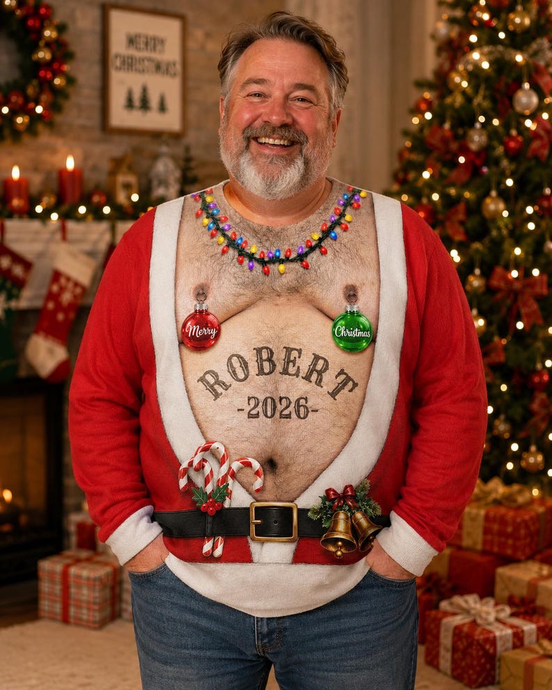 Personalized Santa Belly Christmas Sweater, Custom Name, Funny Xmas Gift for Men