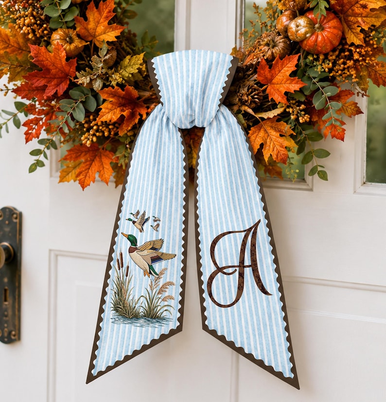 Personalized Duck Hunting Wreath Sash, Embroidery Fall Door Bow, Monogram Front Door Decor, Duck Hunter Gift