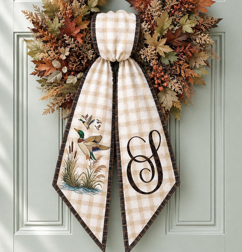 Personalized Duck Hunting Wreath Sash, Embroidery Fall Door Bow, Monogram Front Door Decor, Duck Hunter Gift