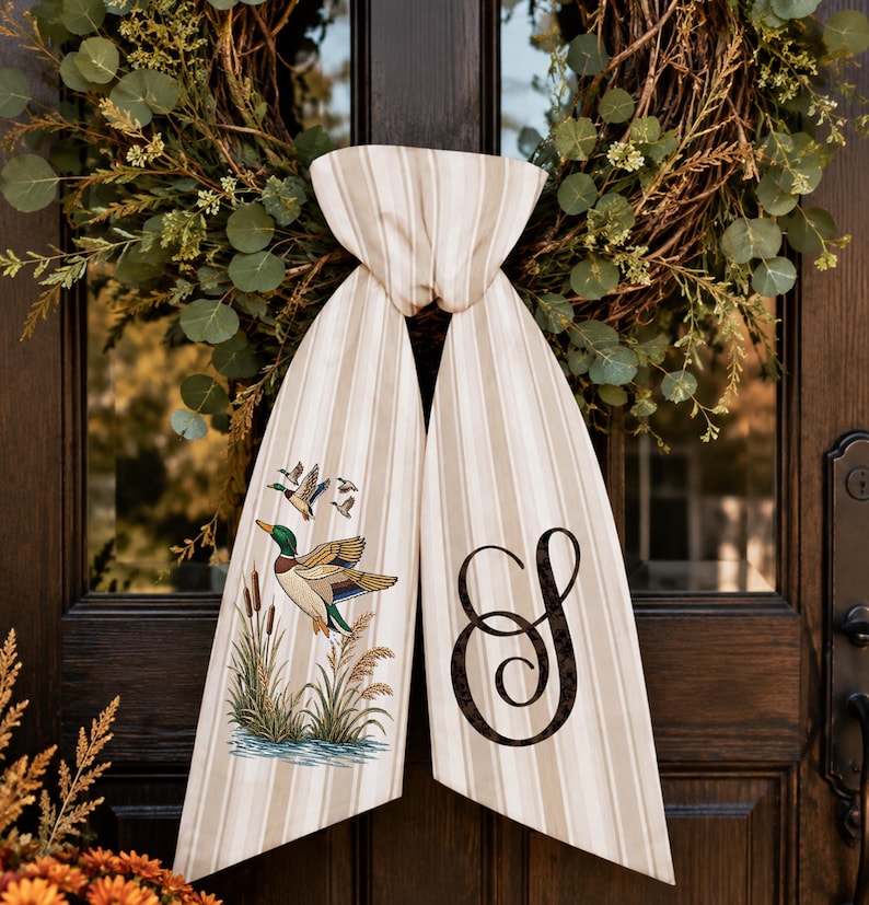 Personalized Duck Hunting Wreath Sash, Embroidery Fall Door Bow, Monogram Front Door Decor, Duck Hunter Gift