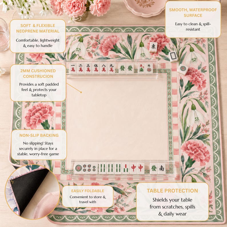 Pink Carnation Snowdrop Mahjong Mat, American Mahjong Mat, Grandmillennial Floral Garden, Sage Green Mahjong Gift