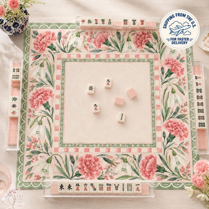 Pink Carnation Snowdrop Mahjong Mat, American Mahjong Mat, Grandmillennial Floral Garden, Sage Green Mahjong Gift