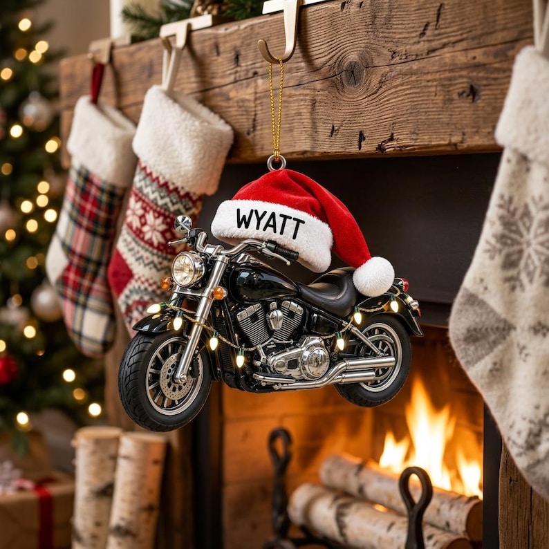 Personalized Motorcycle Christmas Ornament, Custom Biker Holiday Decor, Santa Hat Bike Acrylic Ornament Gift