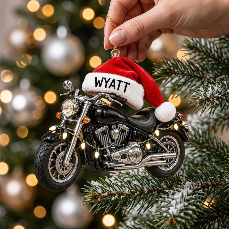 Personalized Motorcycle Christmas Ornament, Custom Biker Holiday Decor, Santa Hat Bike Acrylic Ornament Gift