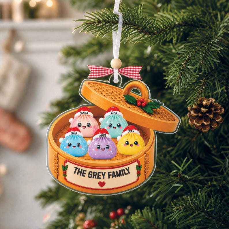 Personalized Glitter Dumpling Ornament, Dim Sum Acrylic Family Ornament, Dumpling Holiday Ornament