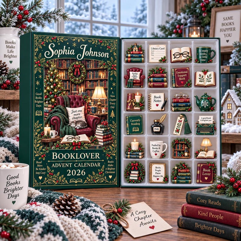 Personalized Book Lover Advent Calendar, Christmas Ornament Set, 24 Day Reading Countdown, Cozy Library Decor
