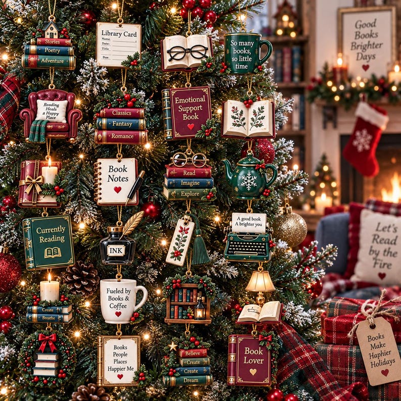 Personalized Book Lover Advent Calendar, Christmas Ornament Set, 24 Day Reading Countdown, Cozy Library Decor