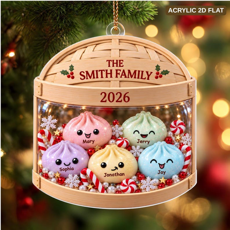 Personalized Glitter Dumpling Ornament, Custom Family Squishy Style Christmas Ornament, Kids Christmas Gift