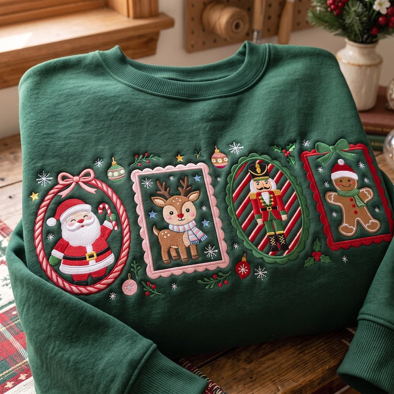 Christmas Frame Embroidered Sweatshirt, Minimal Holiday Crewneck, Gingerbread Candy Cane Snowman Christmas Tree Sweater