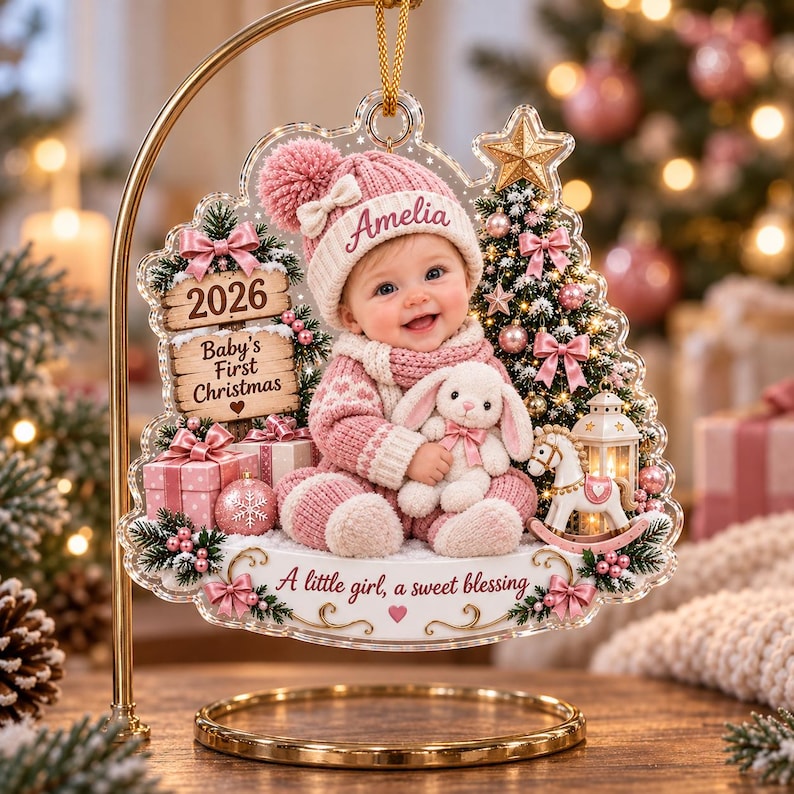 Custom Baby Name Acrylic 2D Flat Ornament, Personalized Baby’s First Christmas Ornament, First Christmas Keepsake
