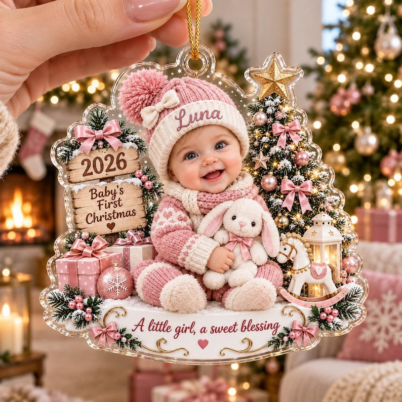 Custom Baby Name Acrylic 2D Flat Ornament, Personalized Baby’s First Christmas Ornament, First Christmas Keepsake