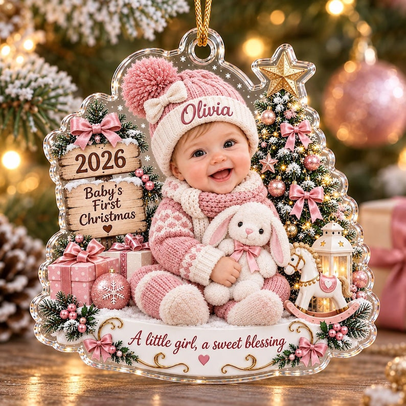 Custom Baby Name Acrylic 2D Flat Ornament, Personalized Baby’s First Christmas Ornament, First Christmas Keepsake