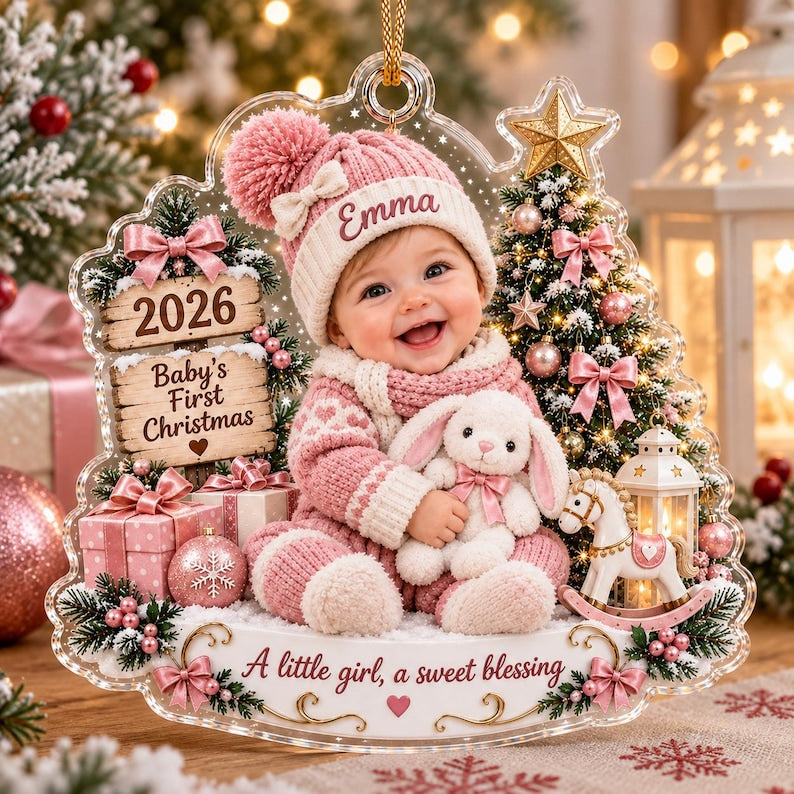 Custom Baby Name Acrylic 2D Flat Ornament, Personalized Baby’s First Christmas Ornament, First Christmas Keepsake