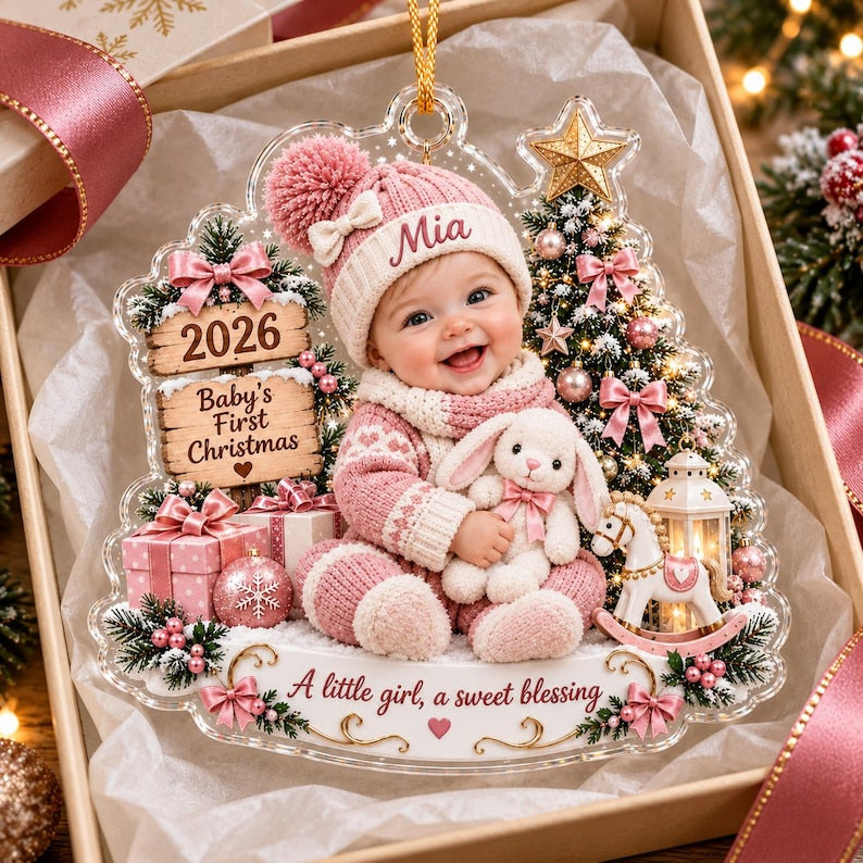 Custom Baby Name Acrylic 2D Flat Ornament, Personalized Baby’s First Christmas Ornament, First Christmas Keepsake