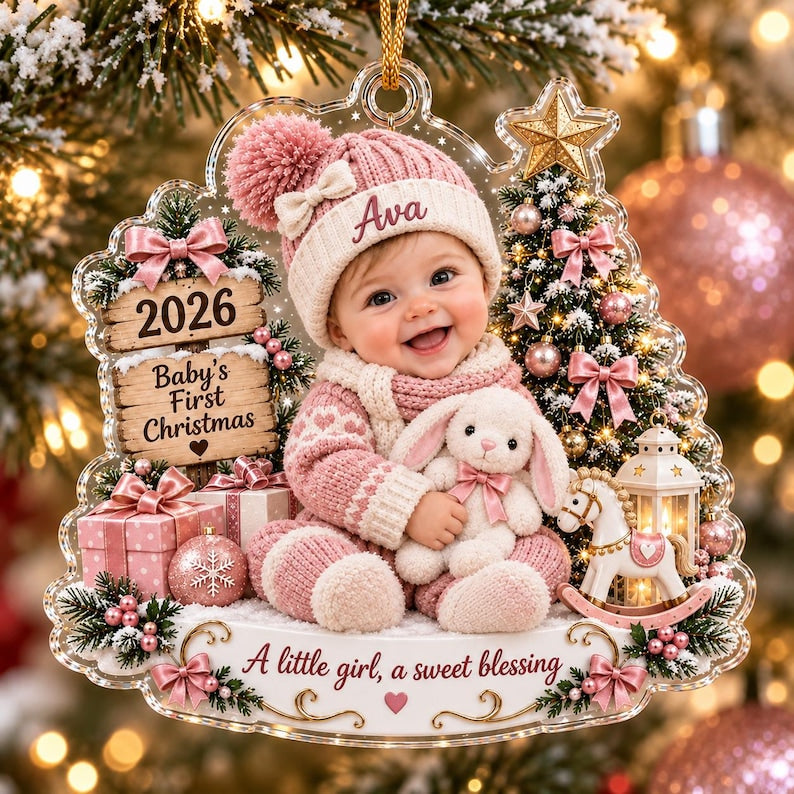 Custom Baby Name Acrylic 2D Flat Ornament, Personalized Baby’s First Christmas Ornament, First Christmas Keepsake