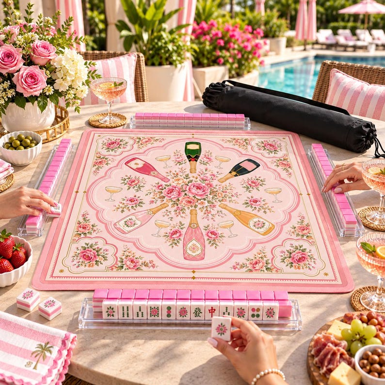 Bams and Bubbly Mahjong Mat, Non Slip American Mahjong Table Cover, Preppy Pink Champagne Celebration Game Night Gift