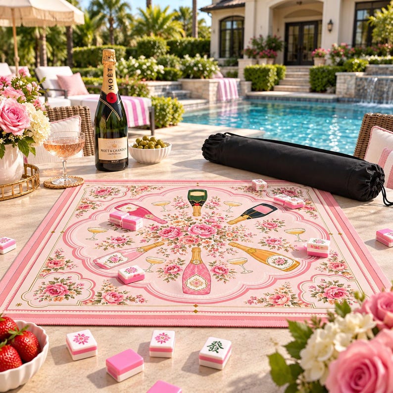Bams and Bubbly Mahjong Mat, Non Slip American Mahjong Table Cover, Preppy Pink Champagne Celebration Game Night Gift