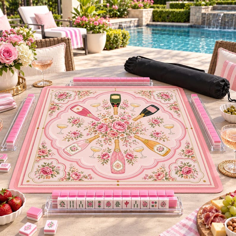 Bams and Bubbly Mahjong Mat, Non Slip American Mahjong Table Cover, Preppy Pink Champagne Celebration Game Night Gift