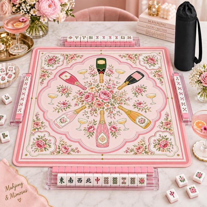 Bams and Bubbly Mahjong Mat, Non Slip American Mahjong Table Cover, Preppy Pink Champagne Celebration Game Night Gift