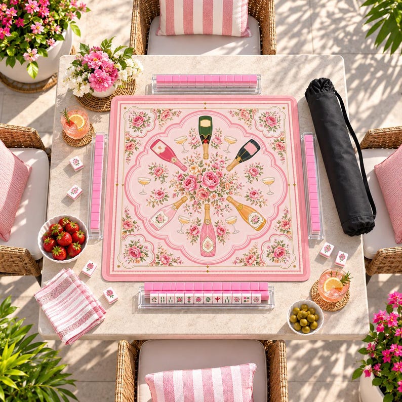 Bams and Bubbly Mahjong Mat, Non Slip American Mahjong Table Cover, Preppy Pink Champagne Celebration Game Night Gift