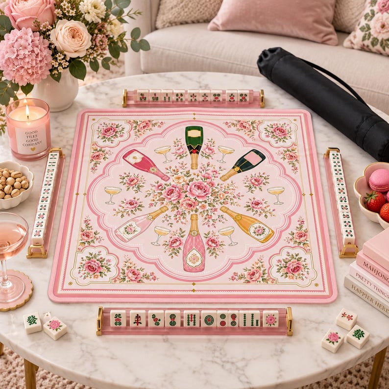 Bams and Bubbly Mahjong Mat, Non Slip American Mahjong Table Cover, Preppy Pink Champagne Celebration Game Night Gift