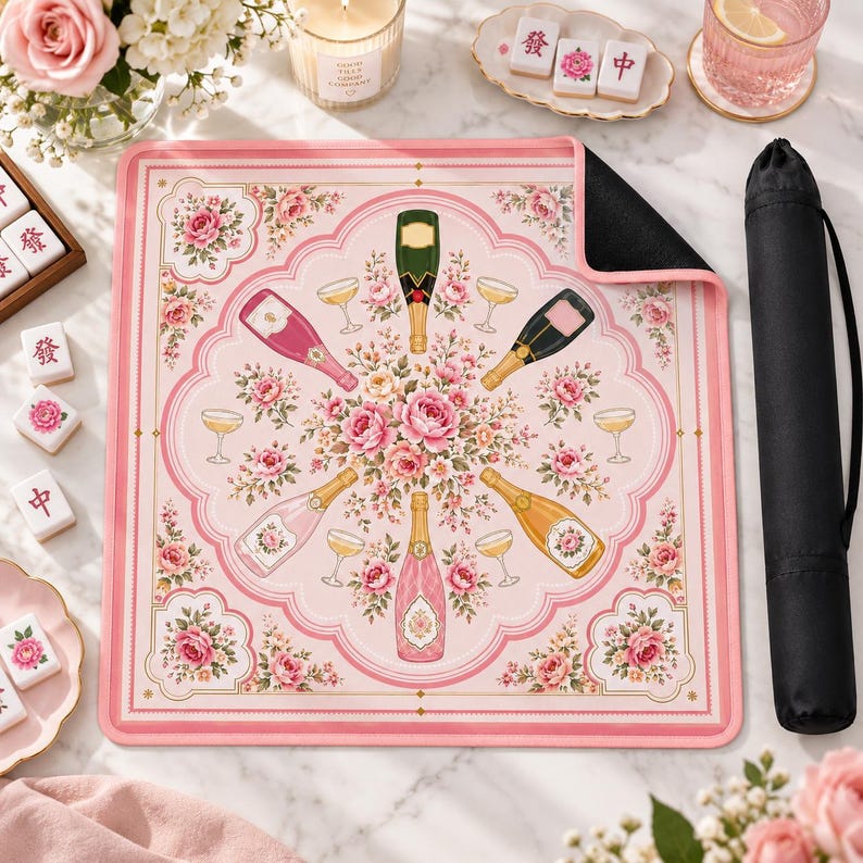 Bams and Bubbly Mahjong Mat, Non Slip American Mahjong Table Cover, Preppy Pink Champagne Celebration Game Night Gift