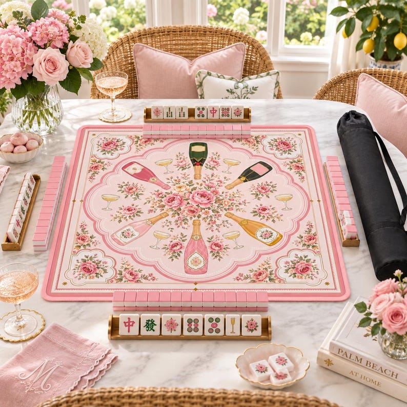 Bams and Bubbly Mahjong Mat, Non Slip American Mahjong Table Cover, Preppy Pink Champagne Celebration Game Night Gift