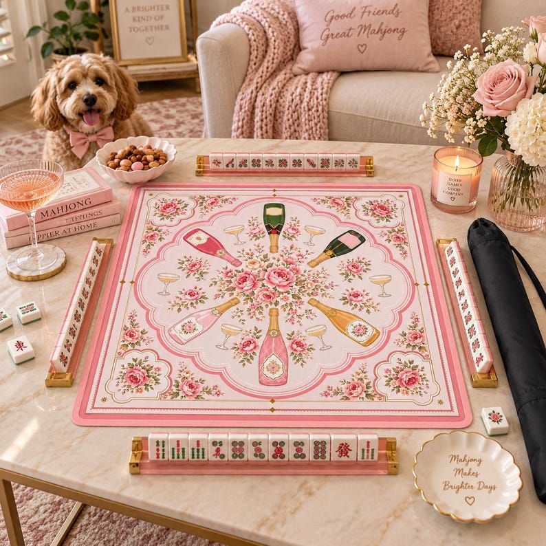 Bams and Bubbly Mahjong Mat, Non Slip American Mahjong Table Cover, Preppy Pink Champagne Celebration Game Night Gift