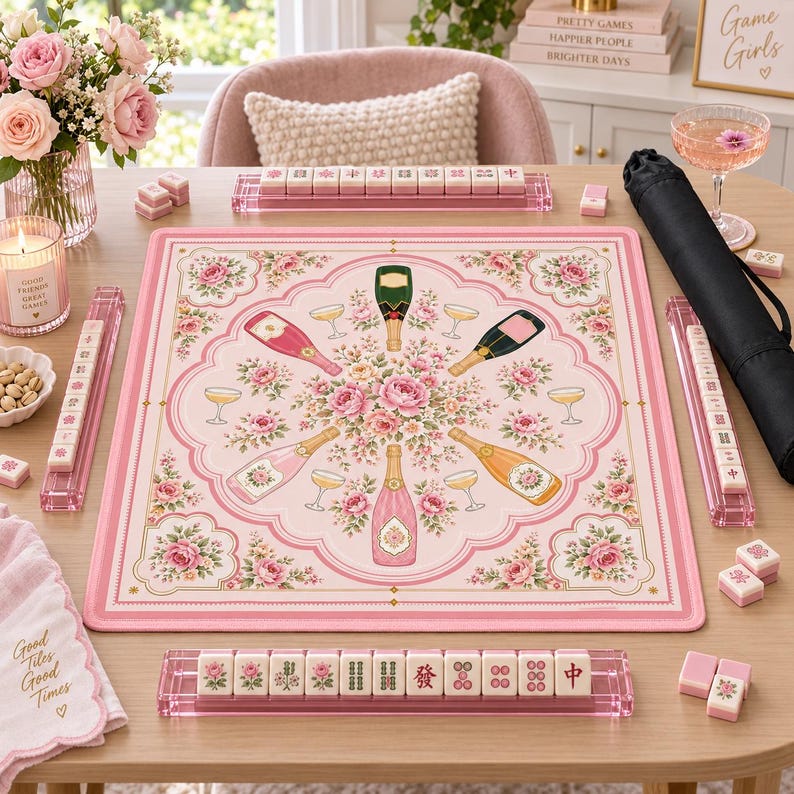 Bams and Bubbly Mahjong Mat, Non Slip American Mahjong Table Cover, Preppy Pink Champagne Celebration Game Night Gift