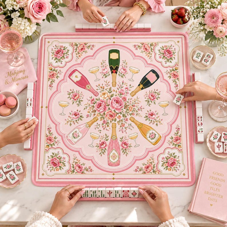 Bams and Bubbly Mahjong Mat, Non Slip American Mahjong Table Cover, Preppy Pink Champagne Celebration Game Night Gift
