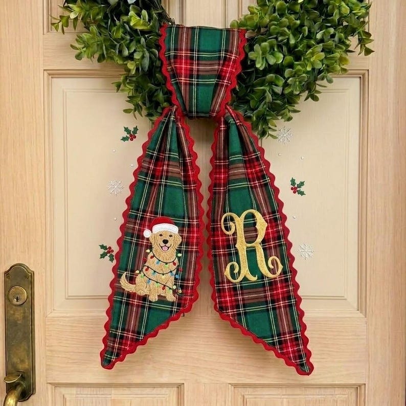 Personalized Christmas Golden Retriever Wreath Sash, Embroidered Dog Door Bow, Custom Monogram Porch Decor