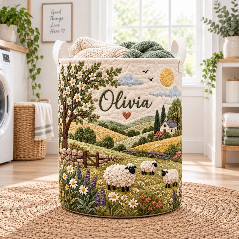 Personalized Sheep Meadow Quilted Laundry Basket, Custom Countryside Farmhouse Animal Hamper, Cute Sheep Storage Bin