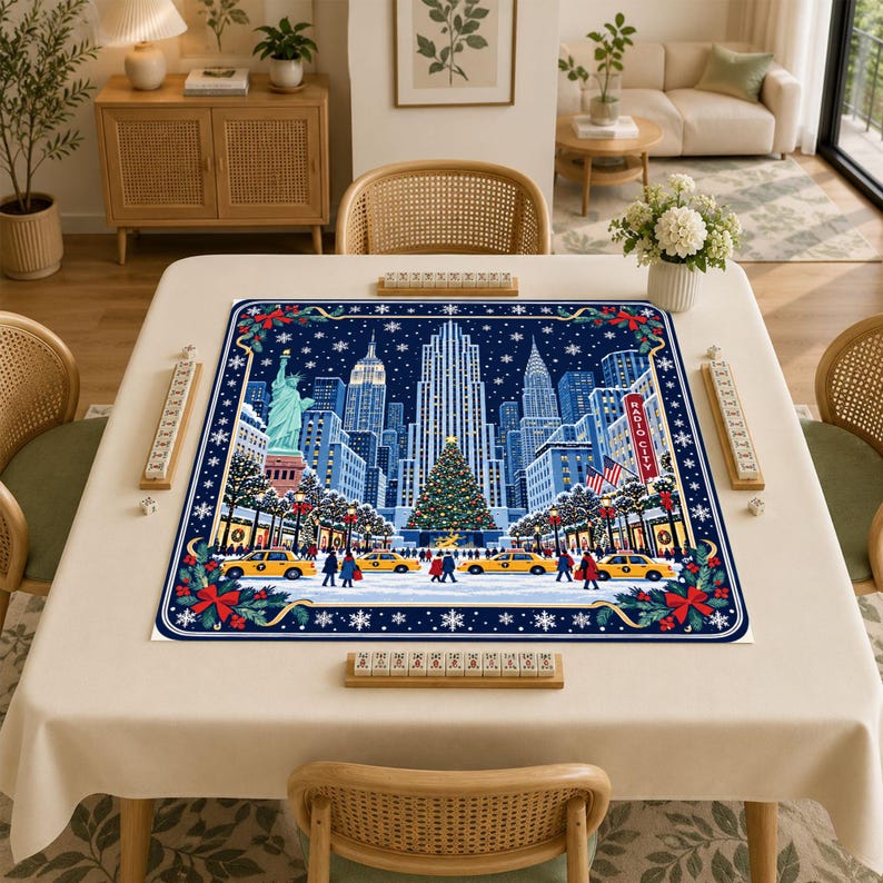 NYC Christmas Mahjong Mat, Rockefeller Center Tree Yellow Taxi Winter Holiday Game Night Gift, American Mahjong
