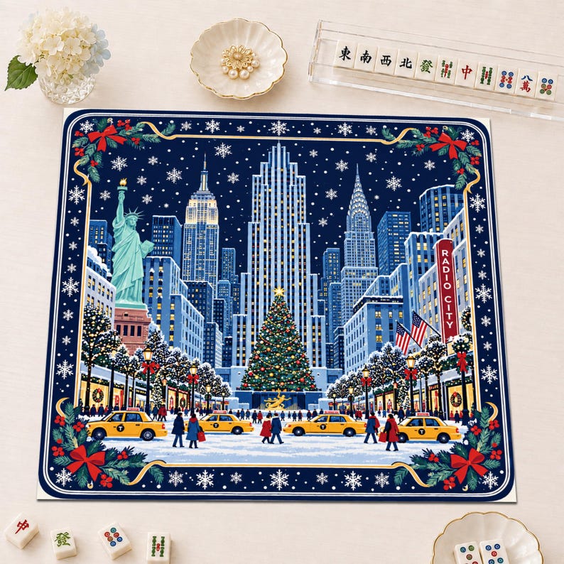 NYC Christmas Mahjong Mat, Rockefeller Center Tree Yellow Taxi Winter Holiday Game Night Gift, American Mahjong