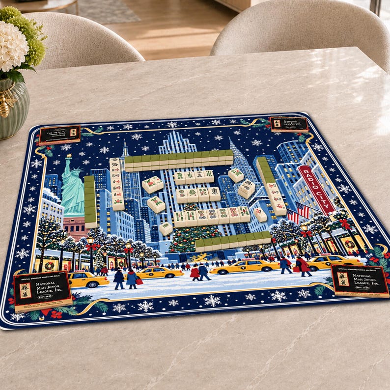 NYC Christmas Mahjong Mat, Rockefeller Center Tree Yellow Taxi Winter Holiday Game Night Gift, American Mahjong