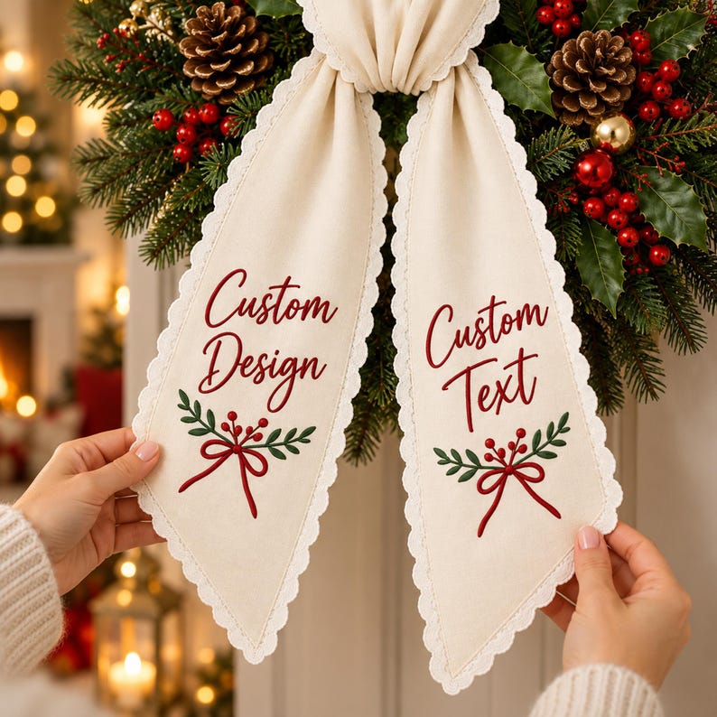 Custom Embroidered Wreath Sash with Monogram, Personalized Embroidered Holiday Bow, Door Decor for Any Occasion